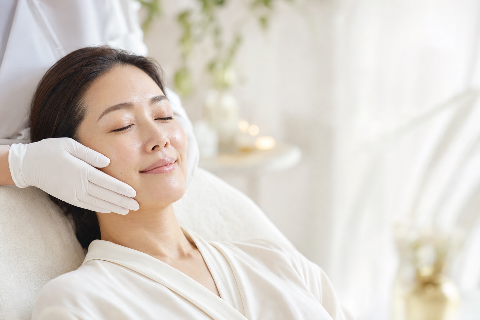 A calm woman receiving a gentle facial skin treatment at Lucky Beauty Spa